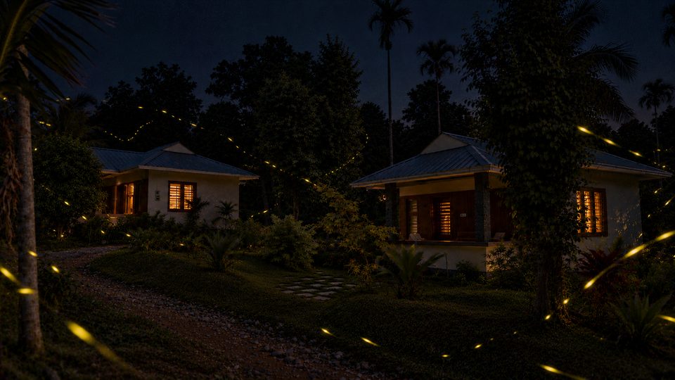 The two cottages after dark, their windows lit, with firefly trails through the garden